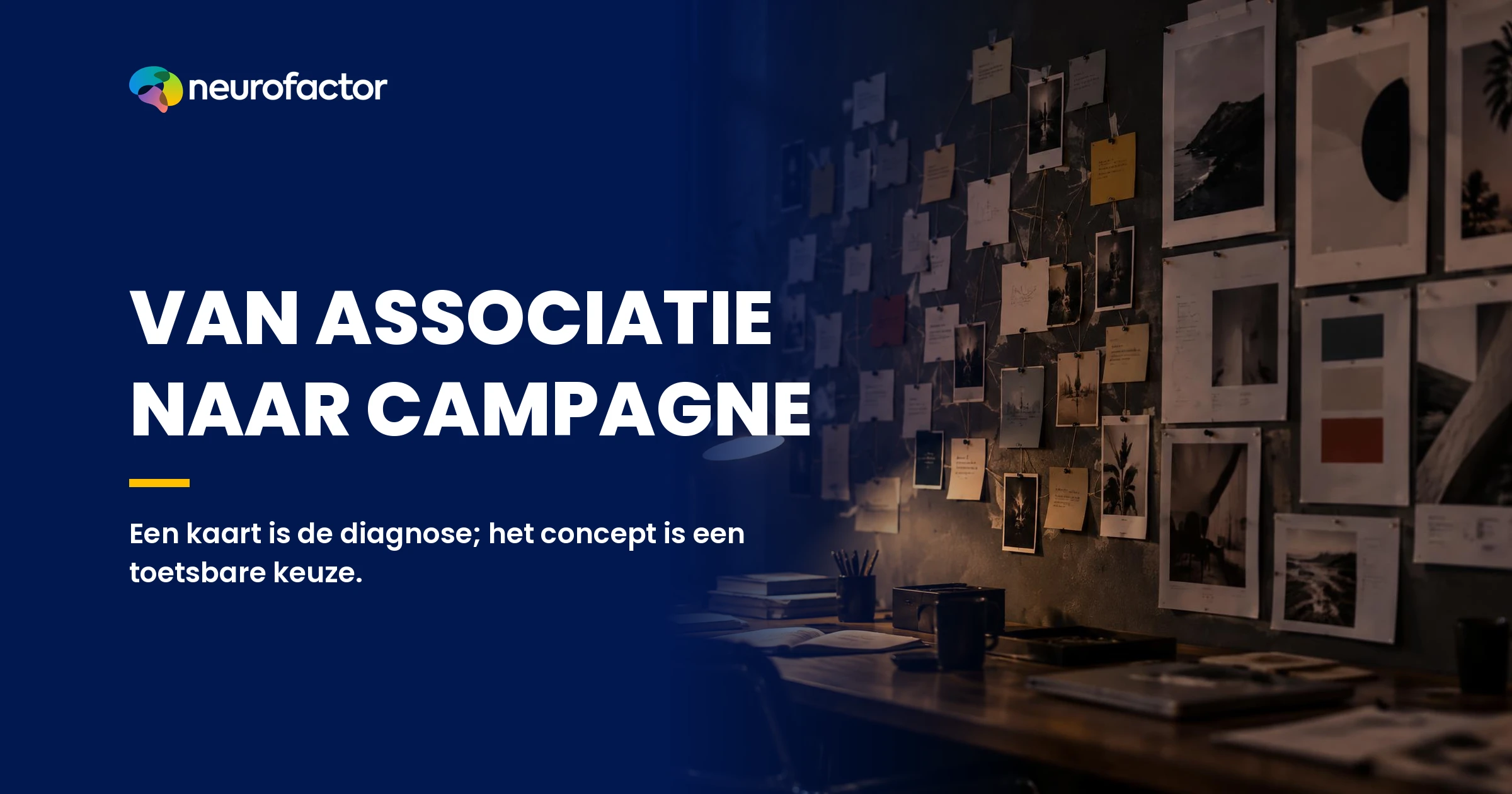 Een zorgvuldig ontworpen associatiekaart die overgaat in een creatief campagnepaneel, zonder fictieve meetpercentages.