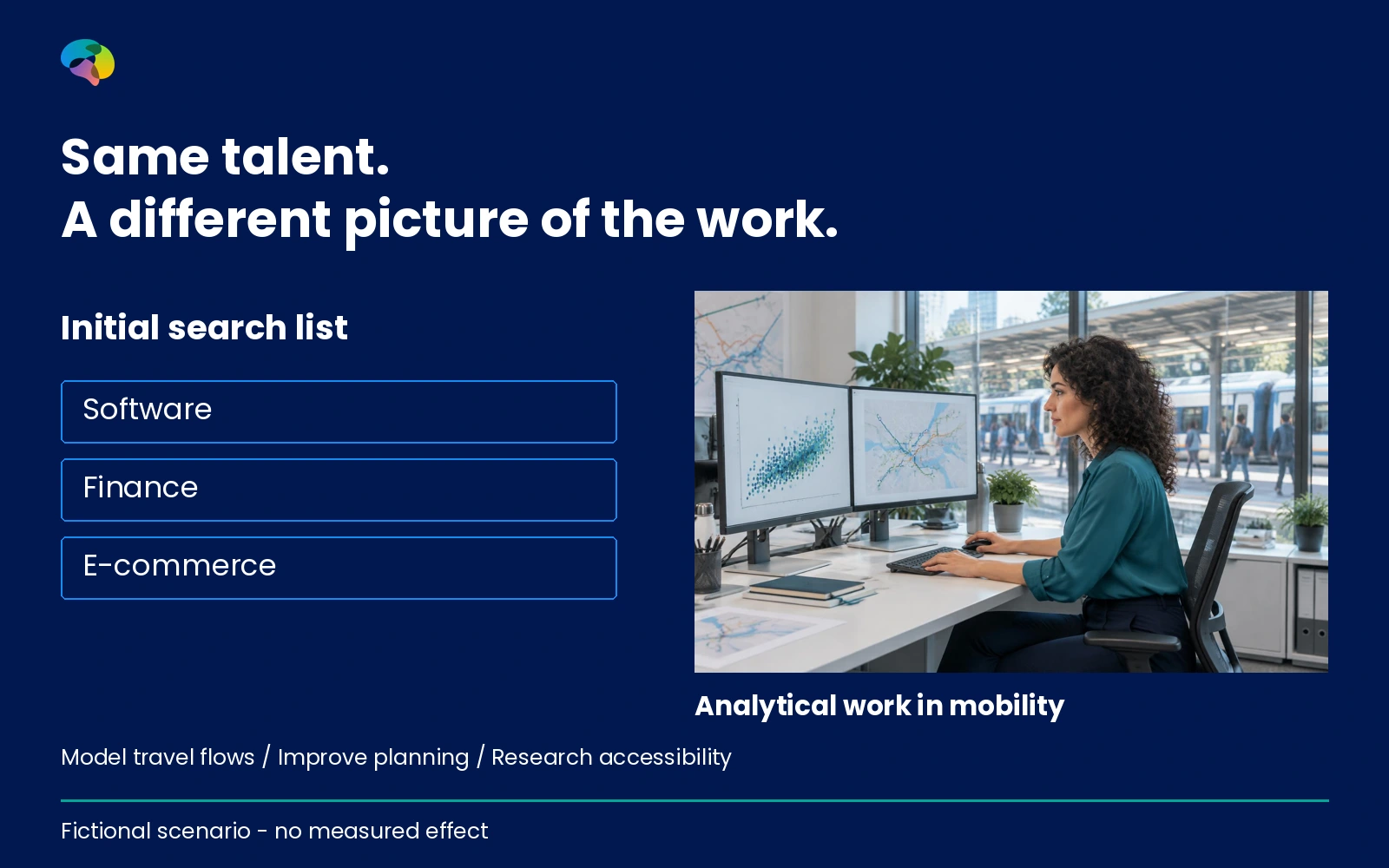 Fictional analyst who first overlooks mobility jobs but explores a vacancy after seeing the real data-science work.