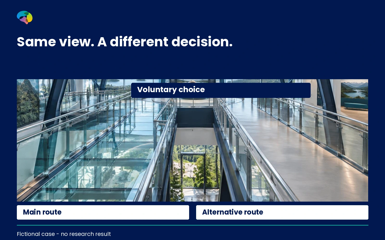 Fictional science-centre glass platform with visible choice of an alternative route; not real client research.