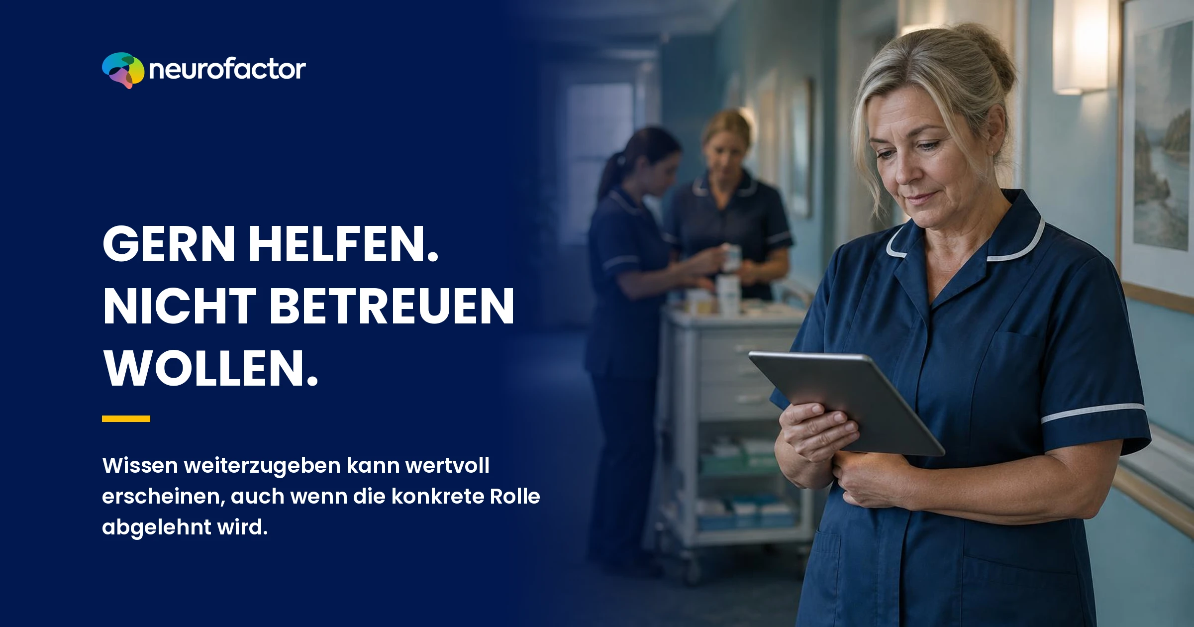 Erfahrene Pflegekraft denkt über die Praxisanleitung nach und sieht sich gleichzeitig mit beruflichen Anforderungen konfrontiert.