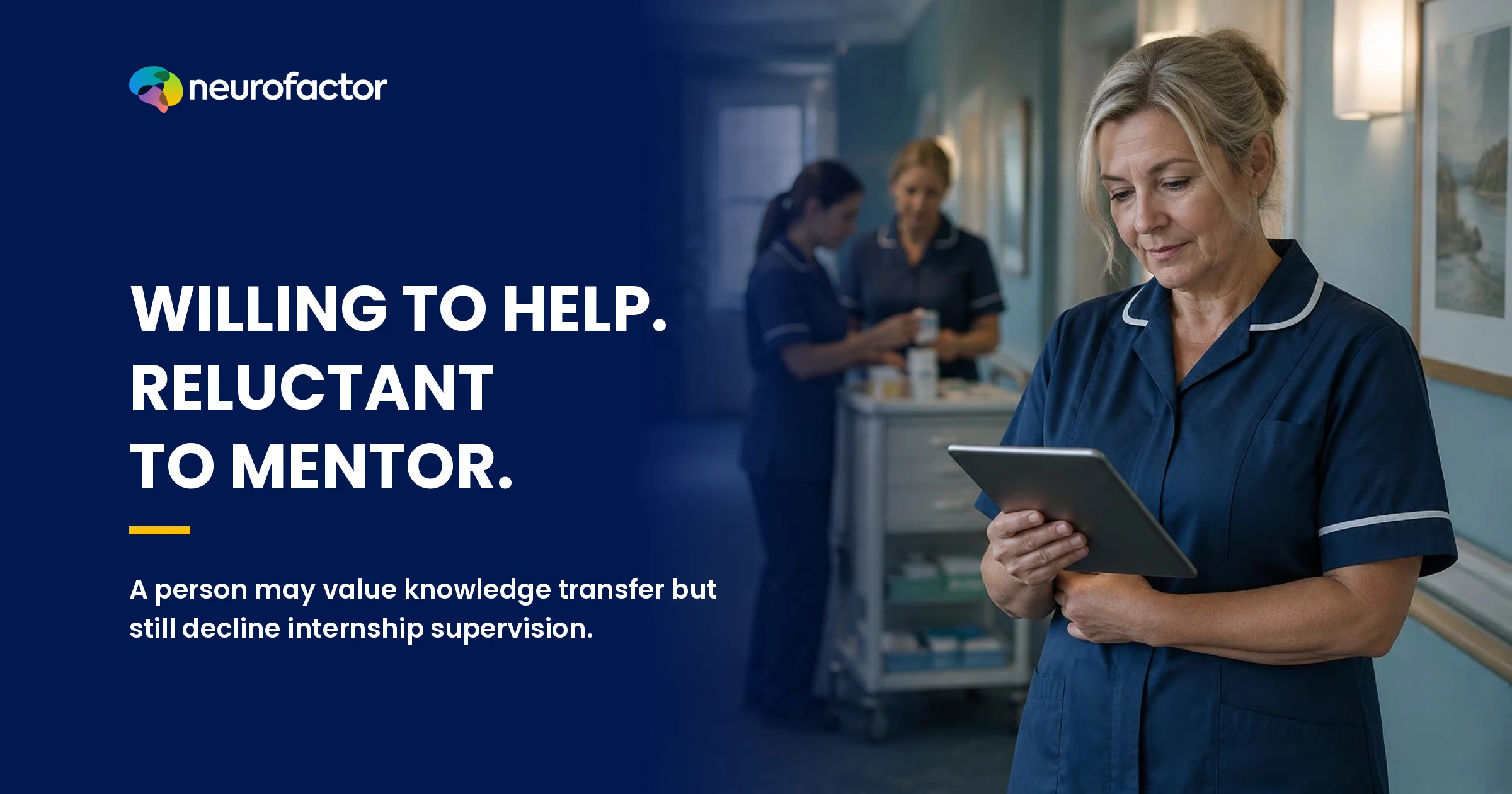 An experienced care employee considers a mentoring invitation while facing everyday work demands.