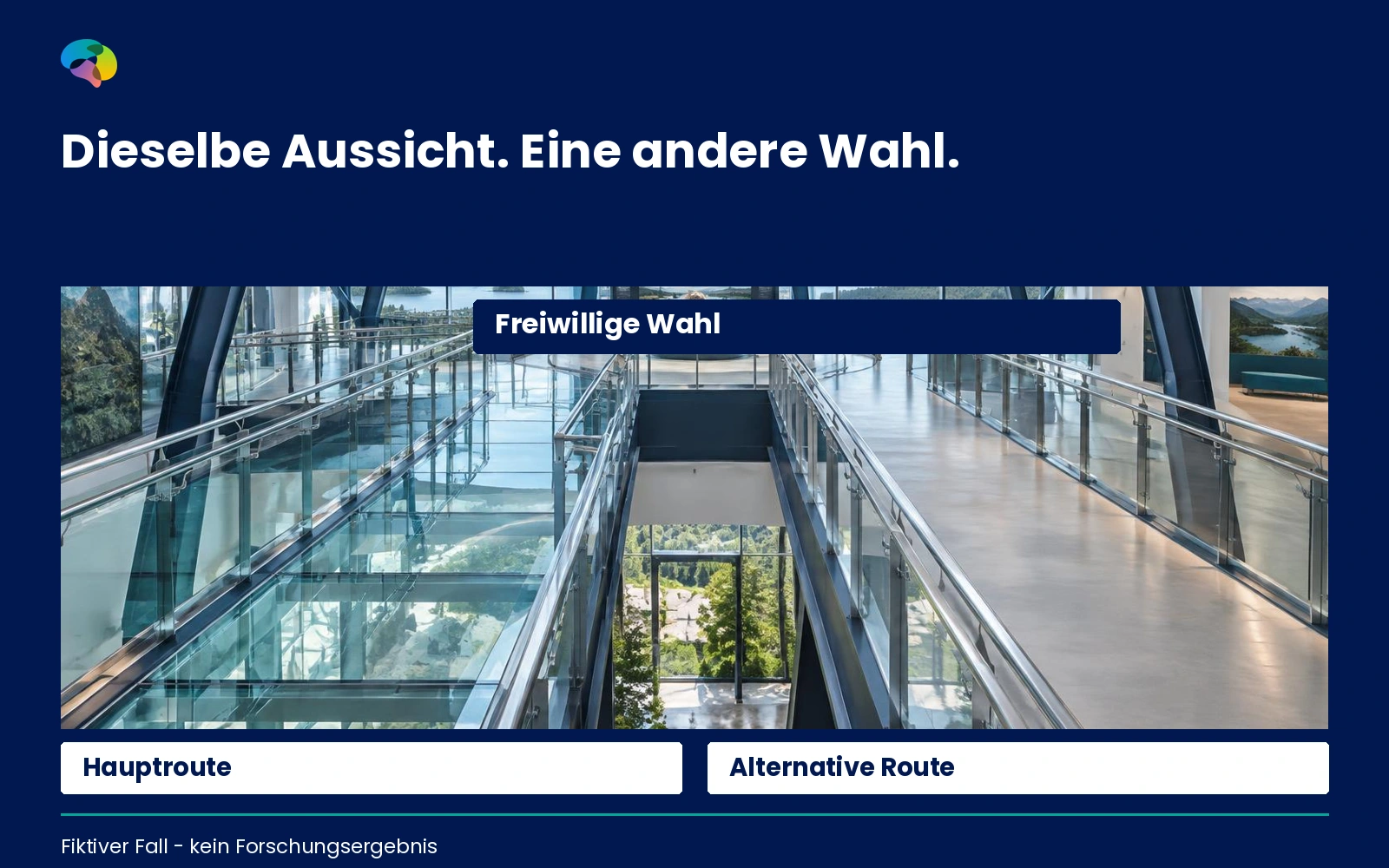 Fiktiver Science-Center-Fall mit Glasplattform und sichtbarer alternativer Route; keine echte Kundenstudie.
