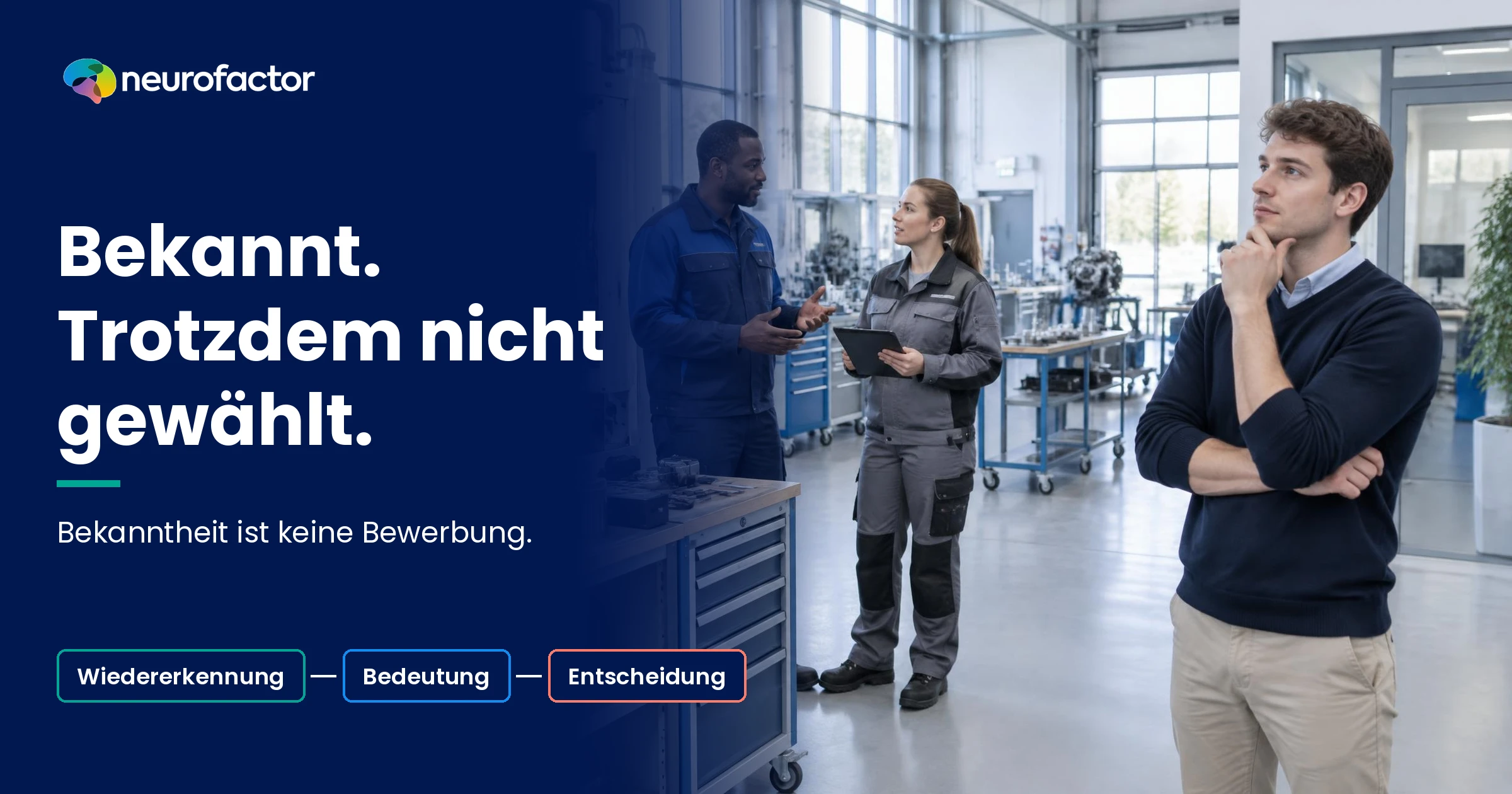 Konzeptionelle Darstellung einer bekannten Technikorganisation und dreier Kandidatenperspektiven zwischen Wiedererkennung und Bewerbungsentscheidung.