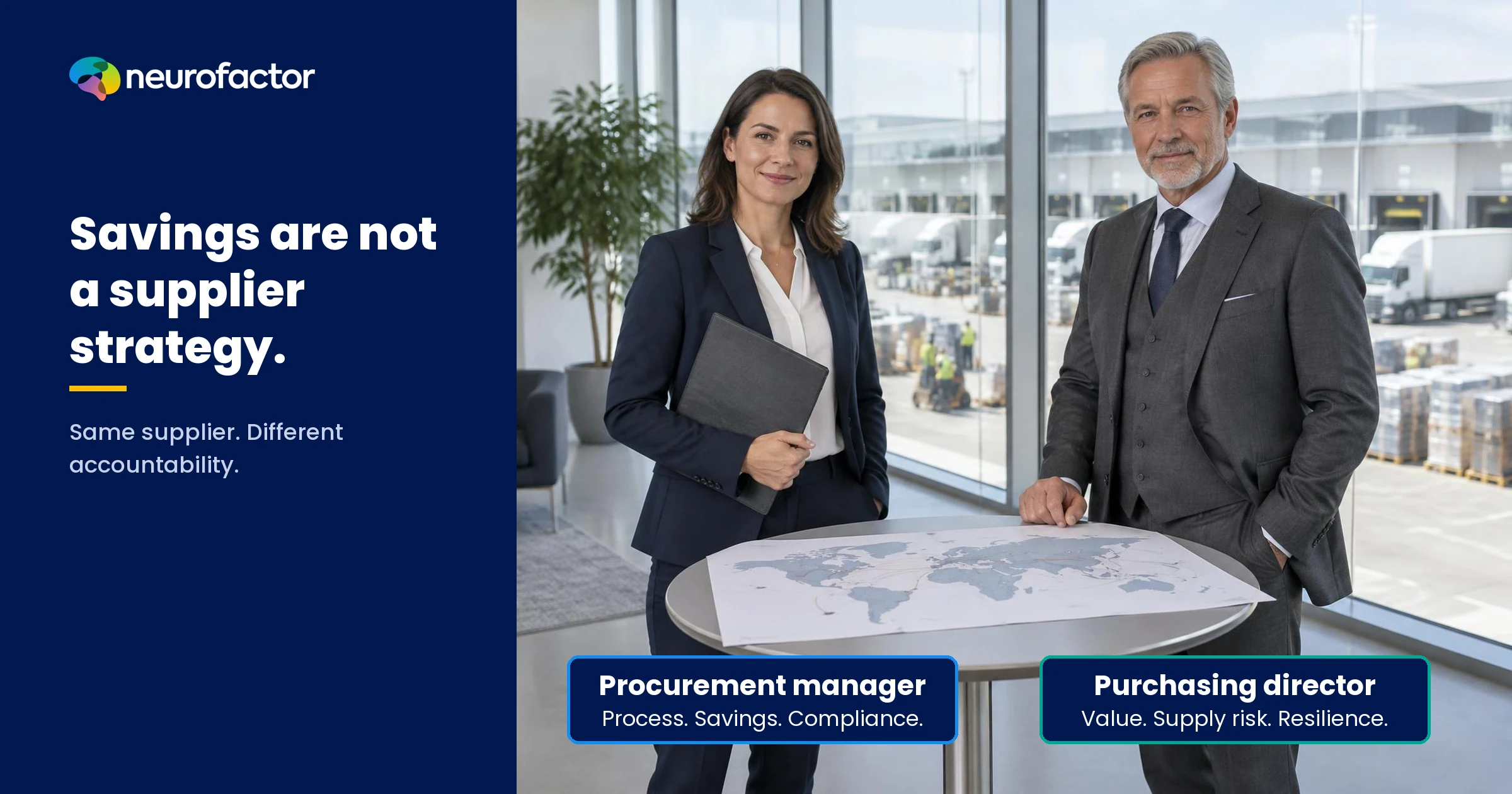 Procurement manager and purchasing director assess the same supplier offer, contrasting savings, process and compliance with strategic value, supply continuity and reputation.