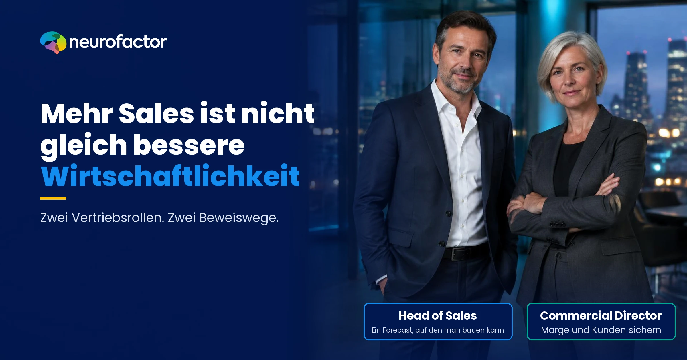 Head of Sales und Commercial Director im Vergleich: BIS 5 zu 6, BAS 7 zu 6 und k 0,25 zu 0,15, mit Fokus auf Prognose und Margenschutz.