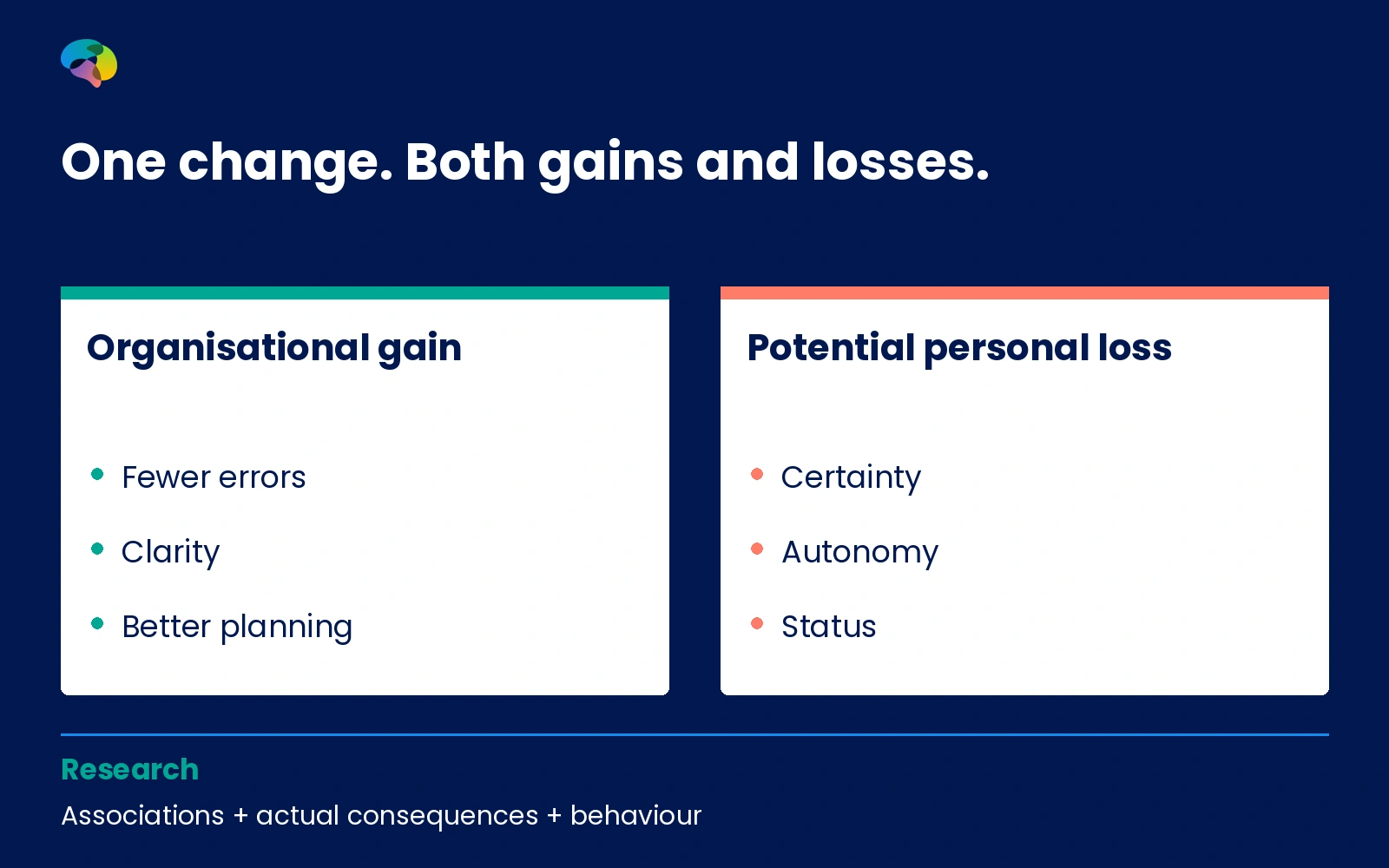 Infographic separating organisational benefits from potential perceived losses of certainty, autonomy and status.