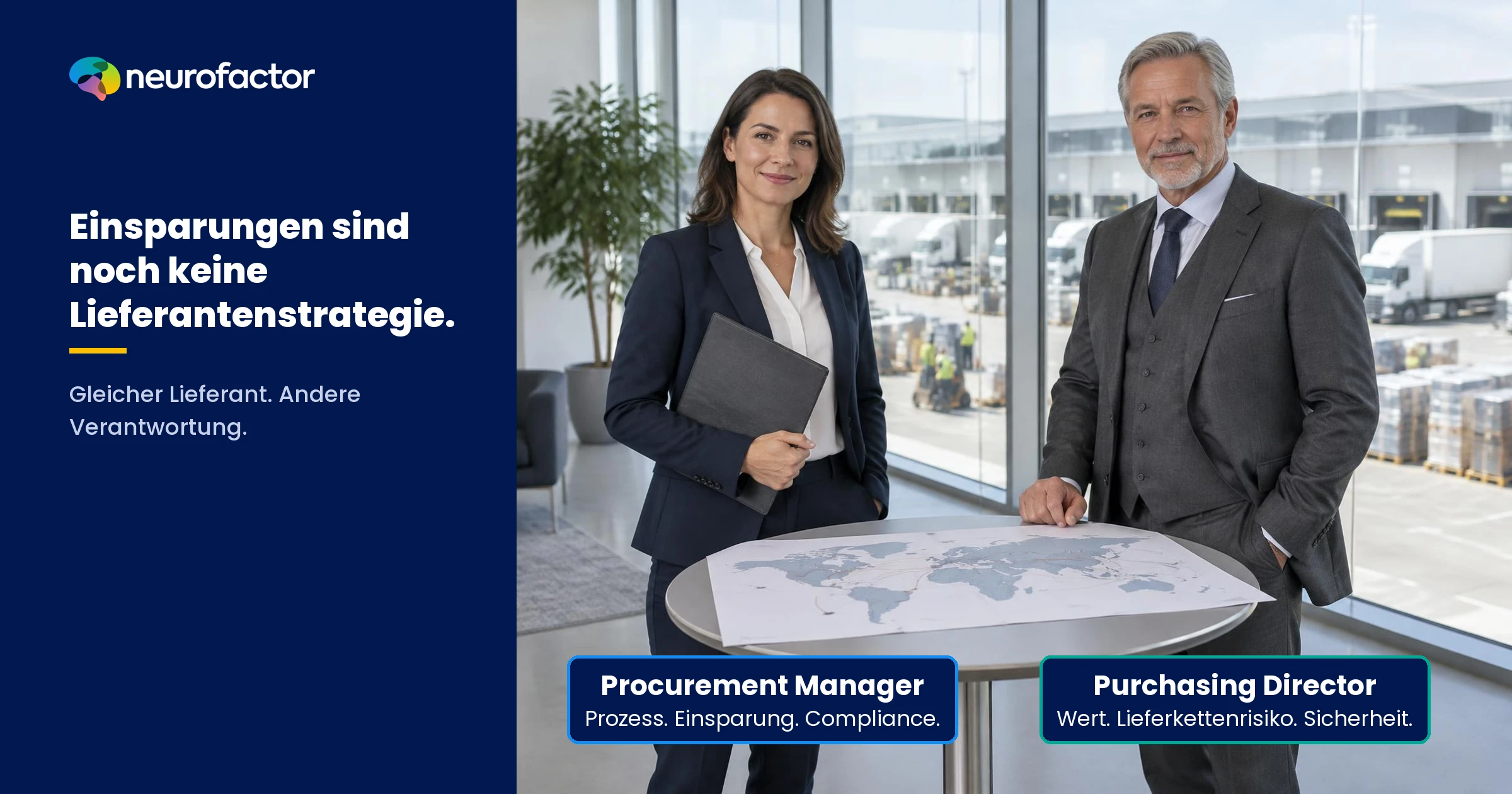 Procurement Manager und Purchasing Director prüfen dieselbe Lieferantenlösung: Prozesse, Einsparungen und Compliance gegenüber Versorgungssicherheit, strategischem Wert und Reputation.