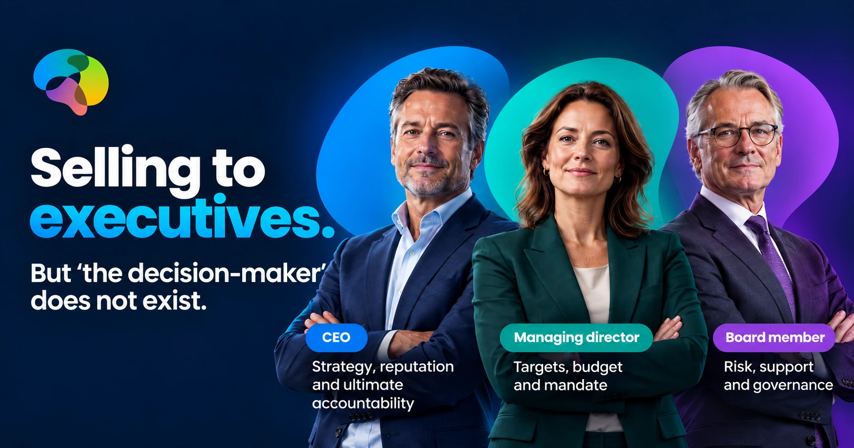 CEO, managing director and board member side by side, showing their different focus on strategy, targets and governance risk.