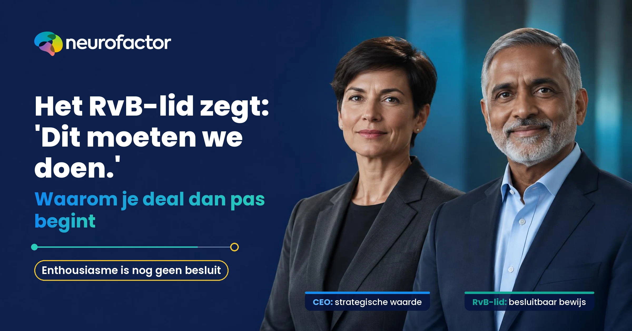 Een RvB-lid als enthousiaste sponsor tegenover een CEO en een bestuursbesluit: interesse is nog geen akkoord.
