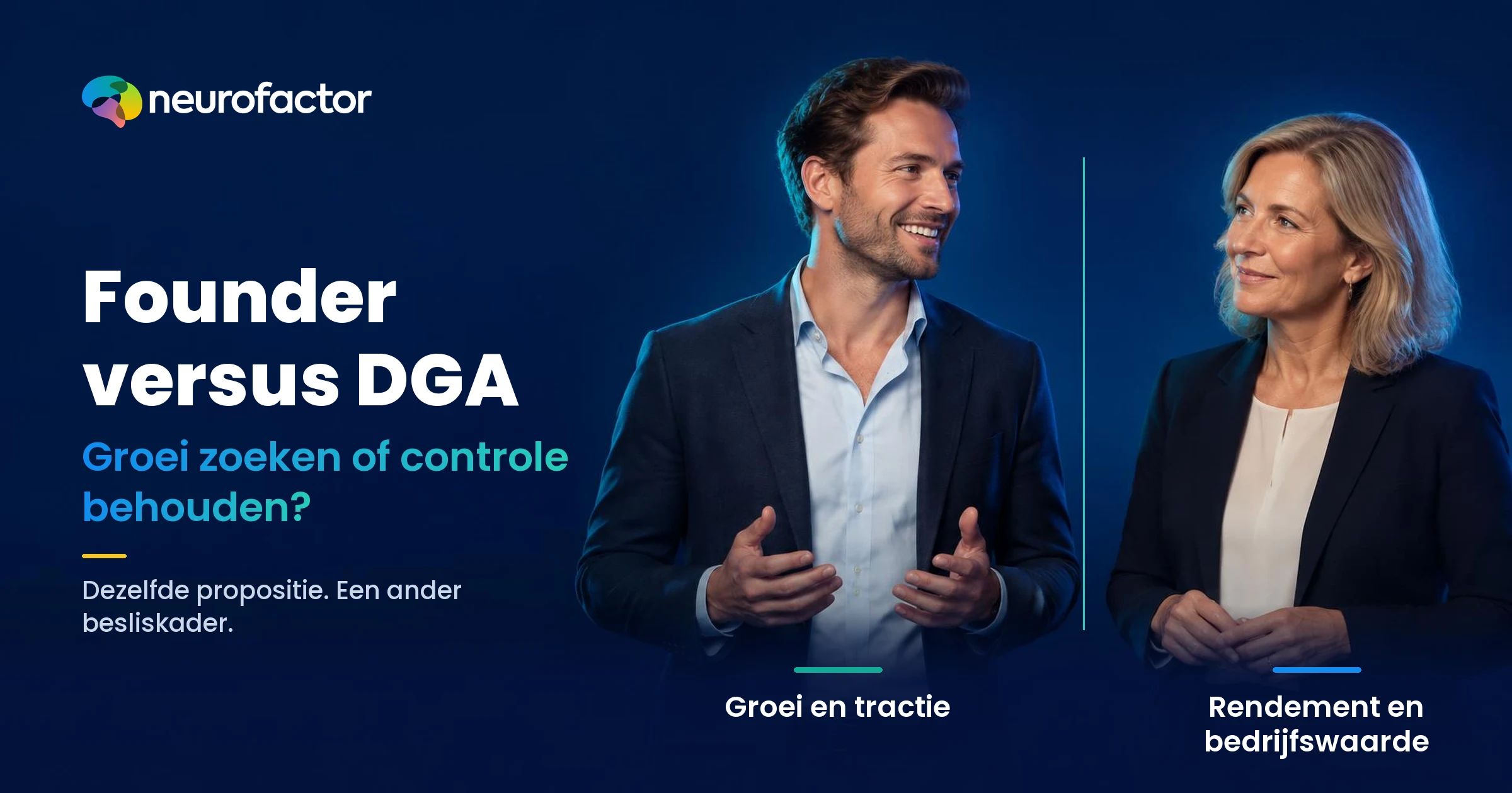 Neurofactor-vergelijking van founder en DGA: snelle groei en tractie tegenover rendement, controle en bescherming van bedrijfswaarde.