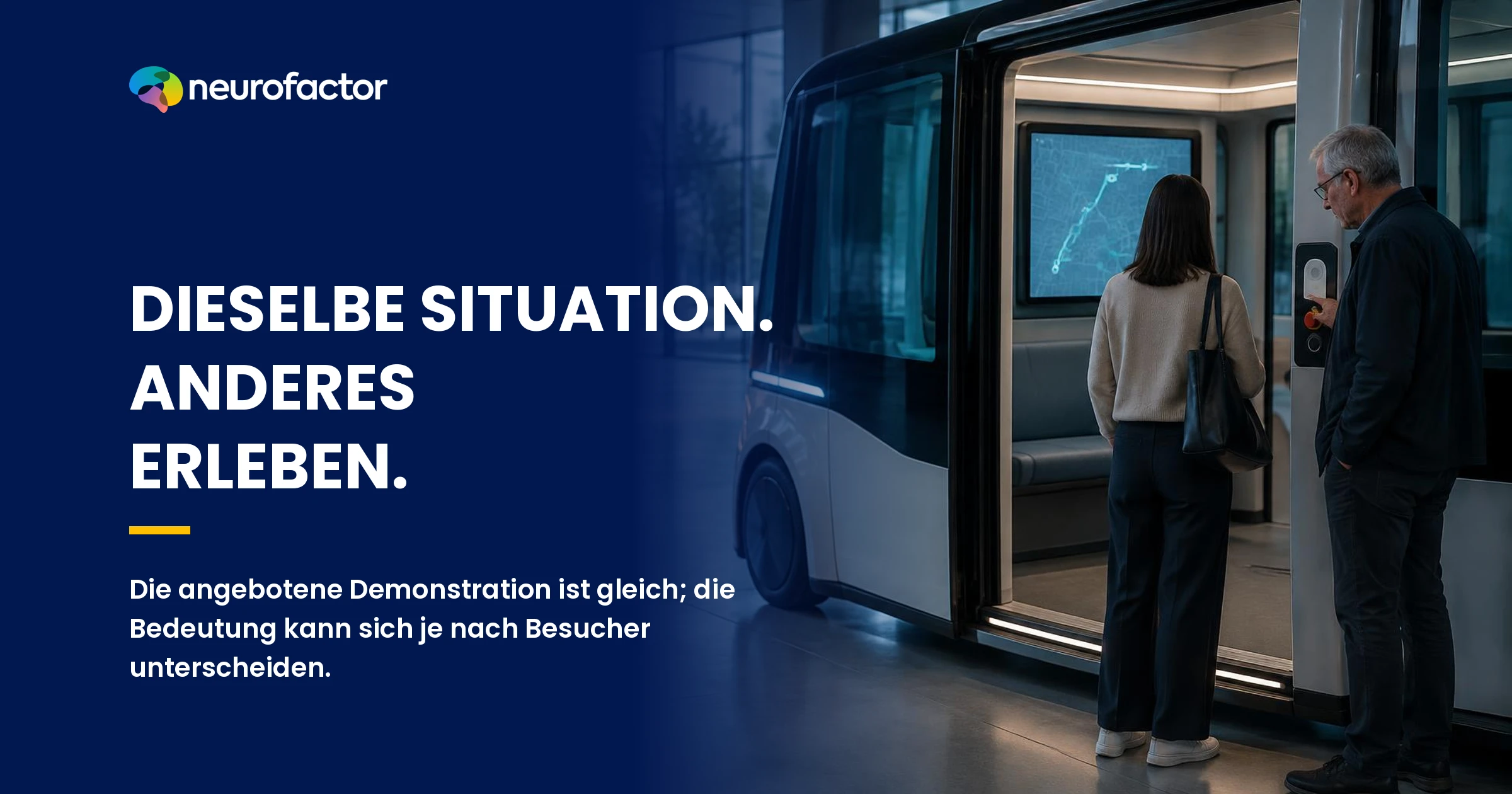 Zwei Besucher beachten unterschiedliche Details derselben Demonstration eines autonomen Nahverkehrssystems.