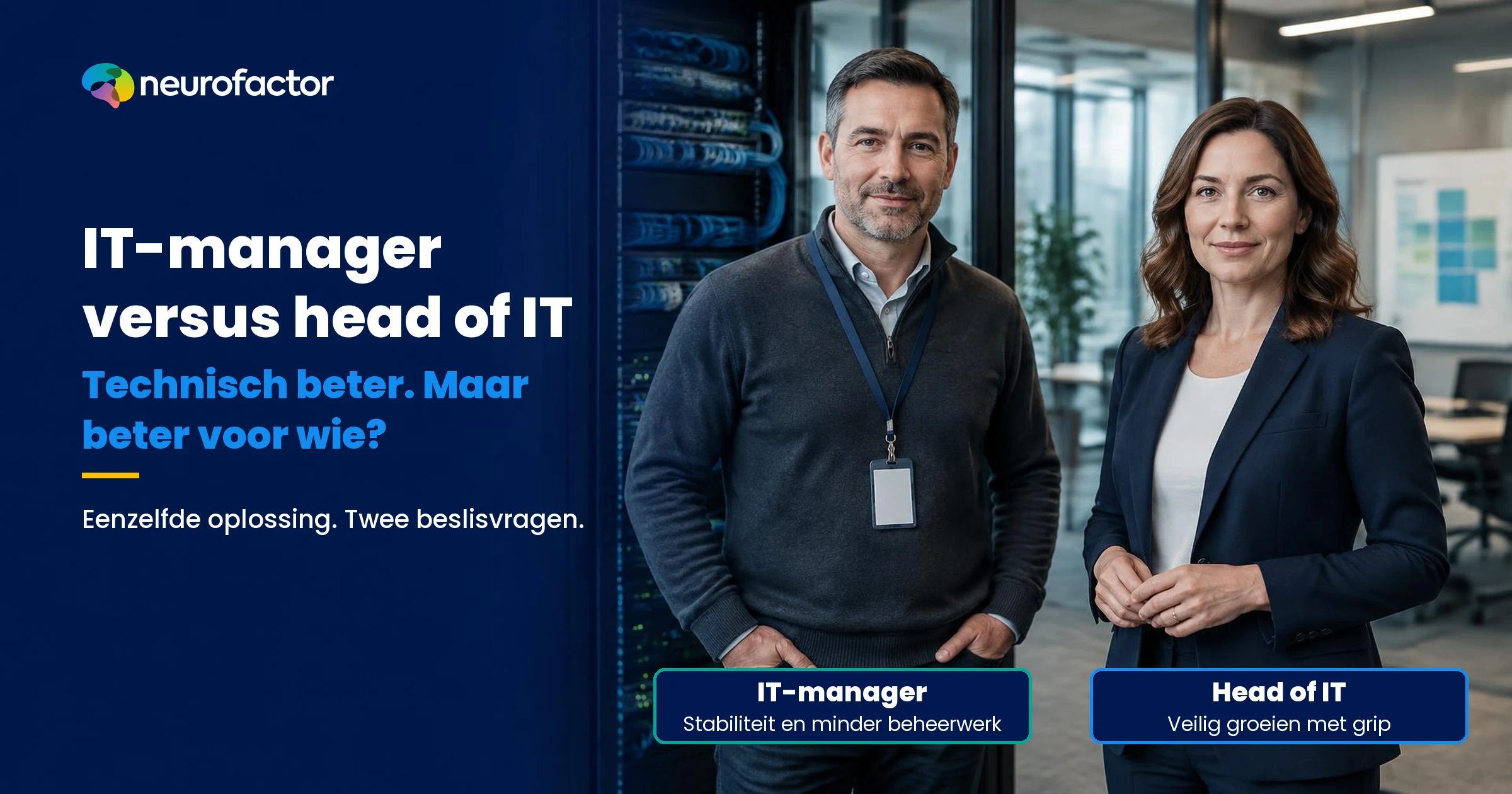 Split-screen IT-manager versus head of IT: dezelfde beheertechnologie als risico op extra beheerlast tegenover basis voor veilige professionalisering en groei.