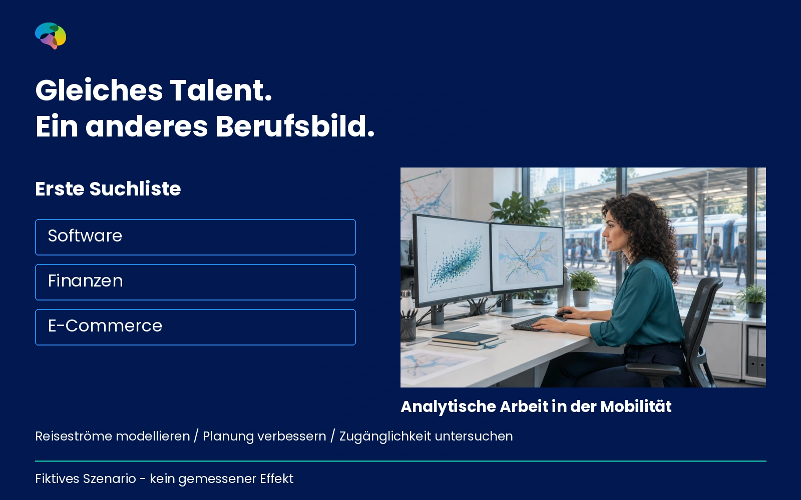 Fiktive Datenanalystin, die eine Mobilitätsstelle erst nach einem glaubwürdigen Einblick in die tatsächlichen Analyseaufgaben betrachtet.