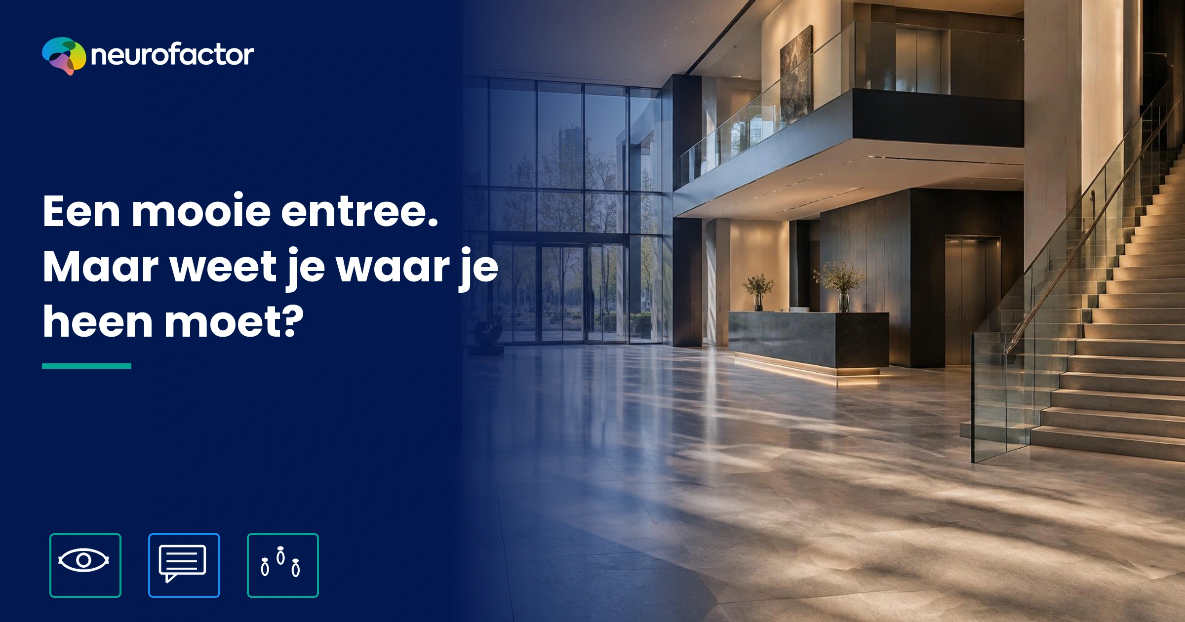 Fictieve culturele entree met glazen toegang, balie, trap en lift.
