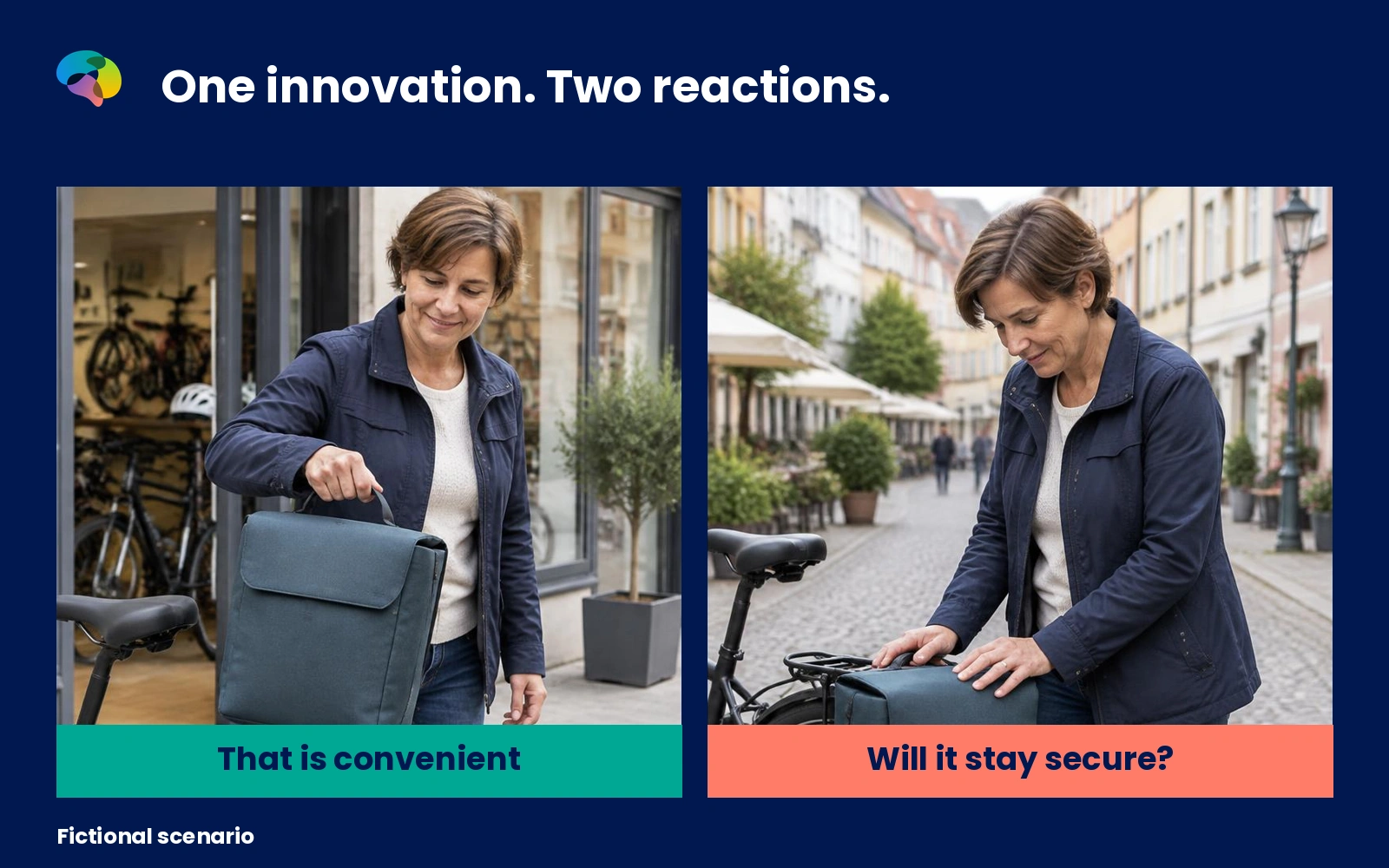 Fictional magnetic bicycle bag showing attraction to convenience and uncertainty about staying securely attached.