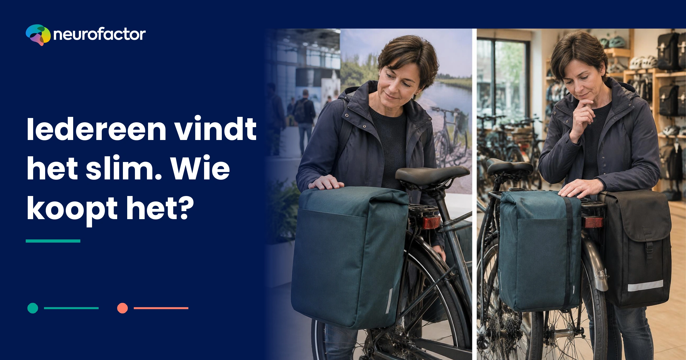 Fictieve innovatiedemonstratie van een fietstas tegenover een werkelijk keuzemoment in een fietsenwinkel.