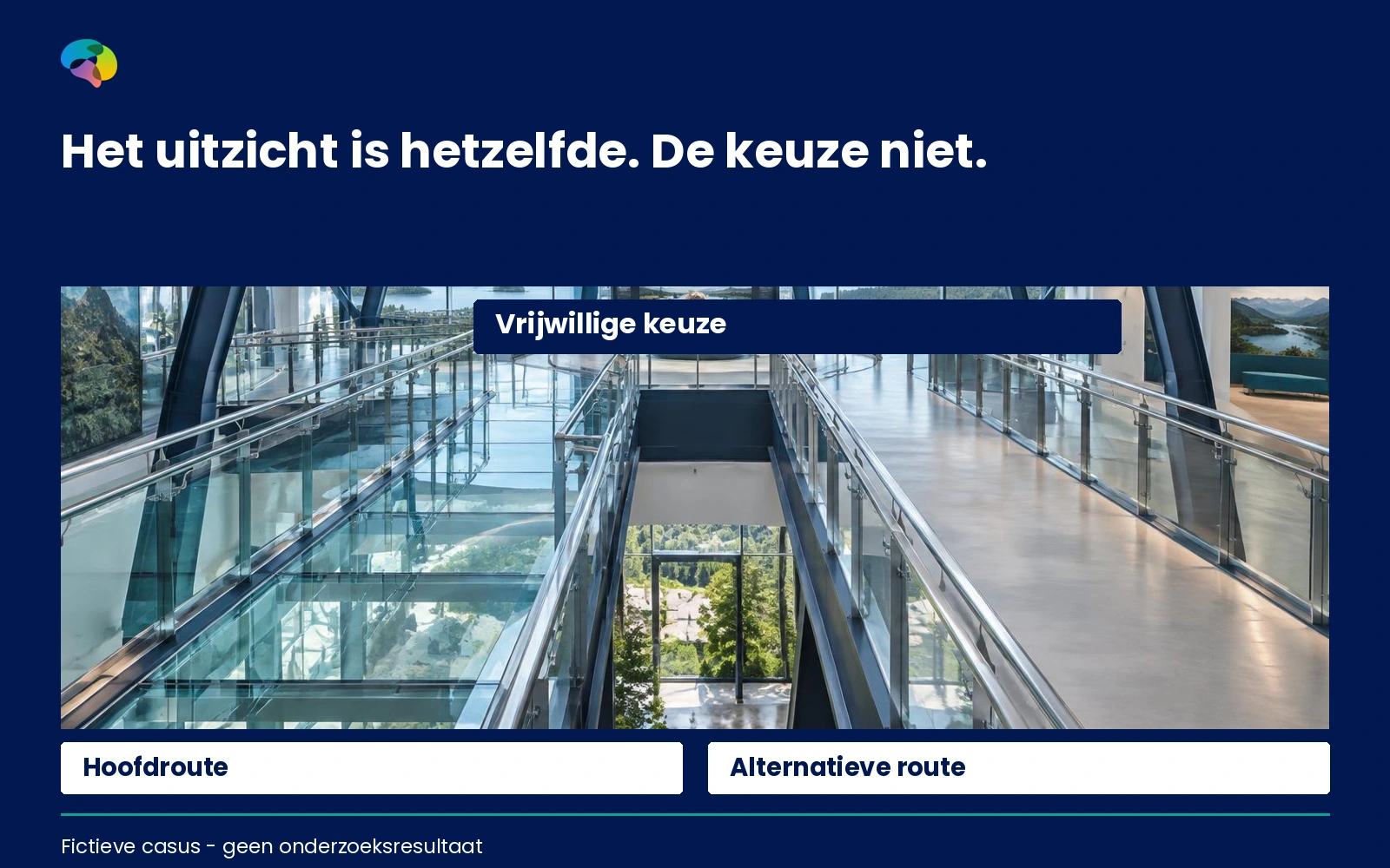 Fictieve science-center-casus met glasplatform, zichtbaar alternatief en eigen keuze; geen echte Neurofactor-case.
