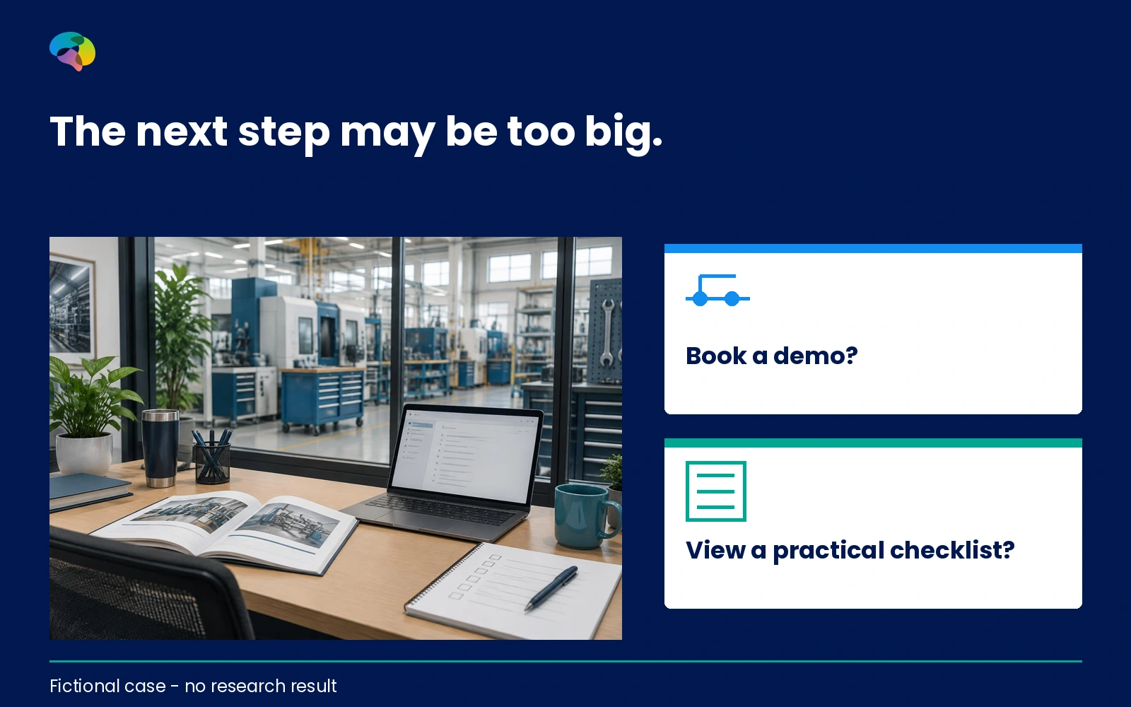Fictional predictive-maintenance webinar case comparing a demo request and a smaller information step as questions, not results.