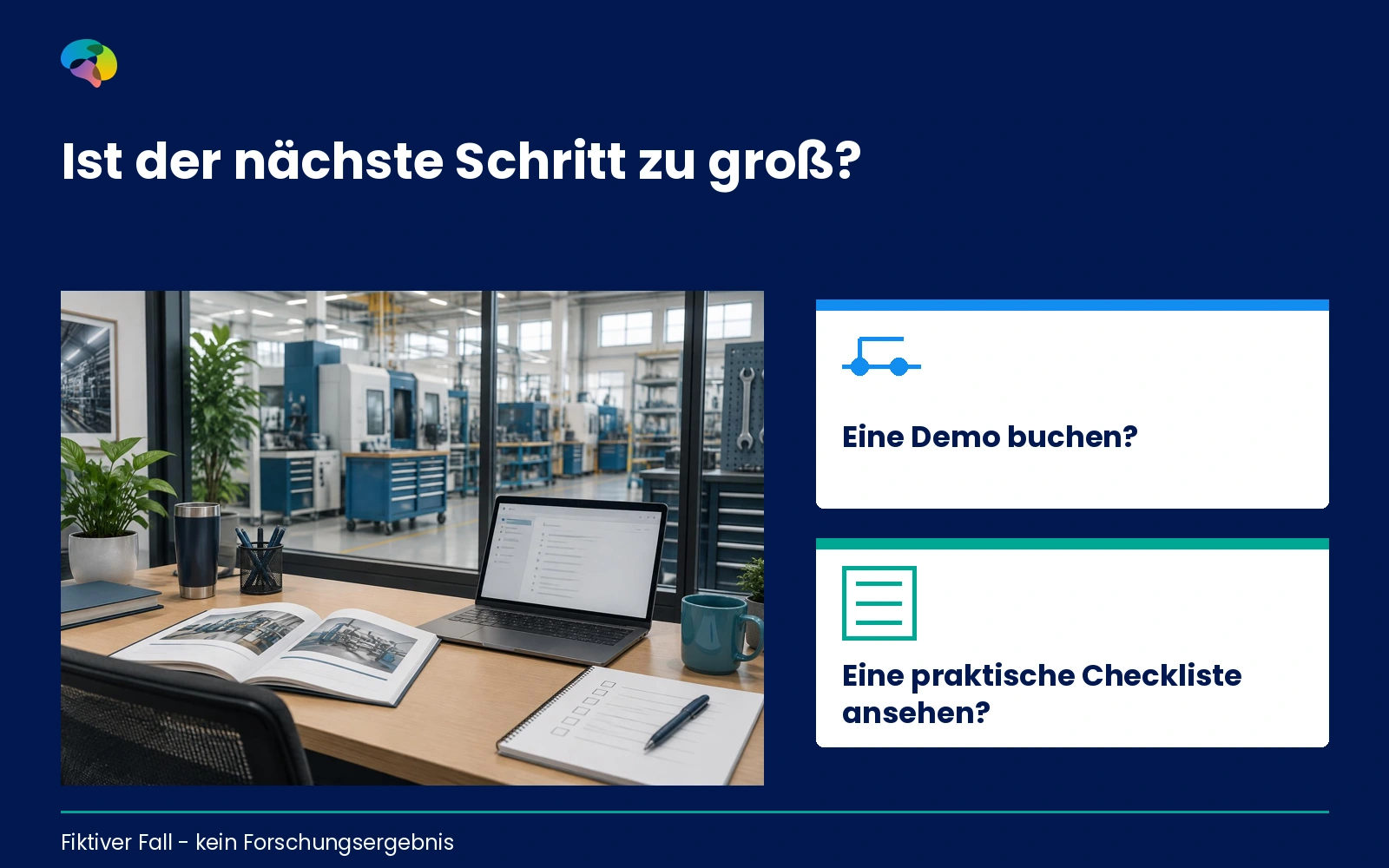 Fiktiver Fall eines Wartungssoftwareanbieters nach einer Veranstaltung: Demo-Einladung versus kleine Informationseinheit, ohne behauptete Ergebnisse.