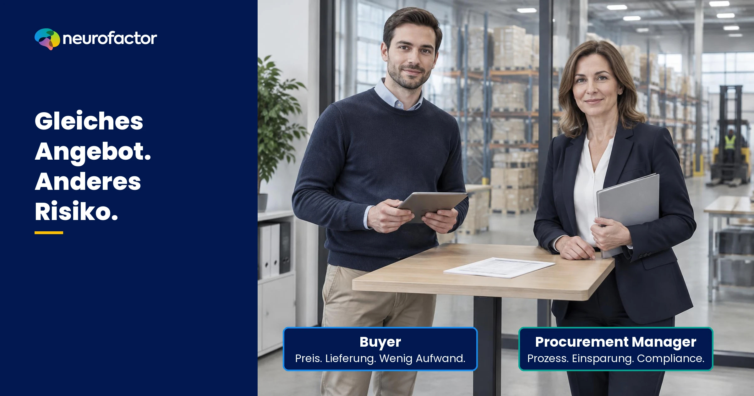 Buyer und Procurement Manager bewerten dasselbe Lieferantenangebot: links Preis, Lieferfähigkeit und Tempo; rechts Prozess, Einsparung und Compliance.