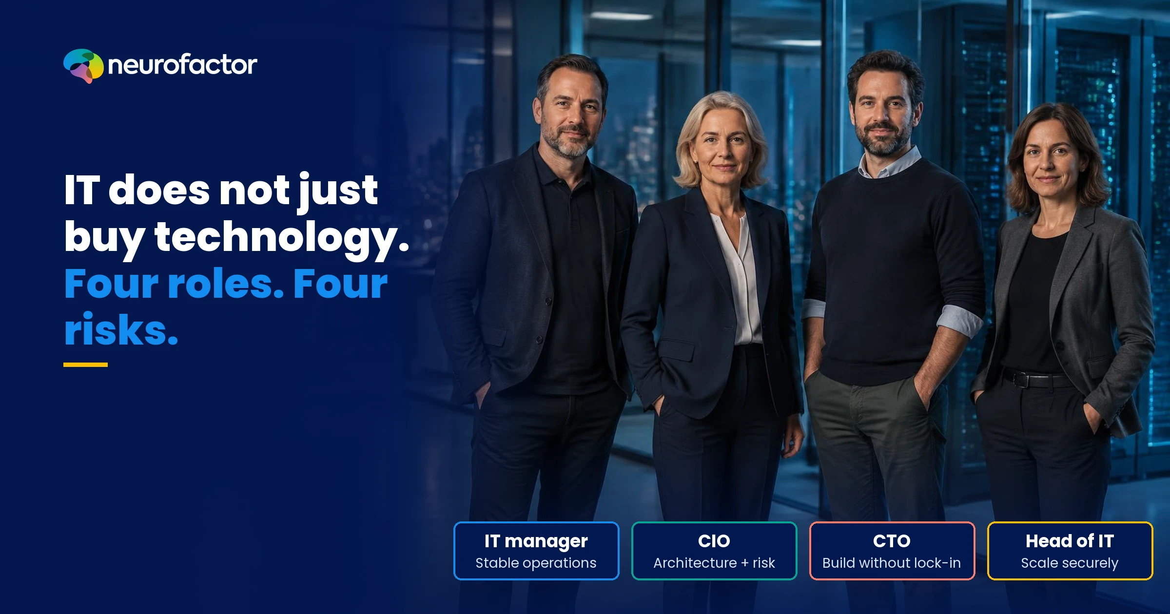 Four IT buyers evaluate the same technology through different operational, strategic, engineering and professionalisation risks.