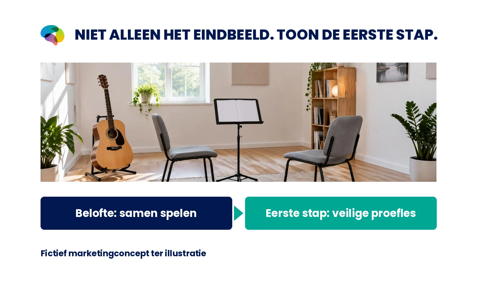Fictieve muziekschool: samen spelen als belofte, veilige eerste proefles als concrete instap.