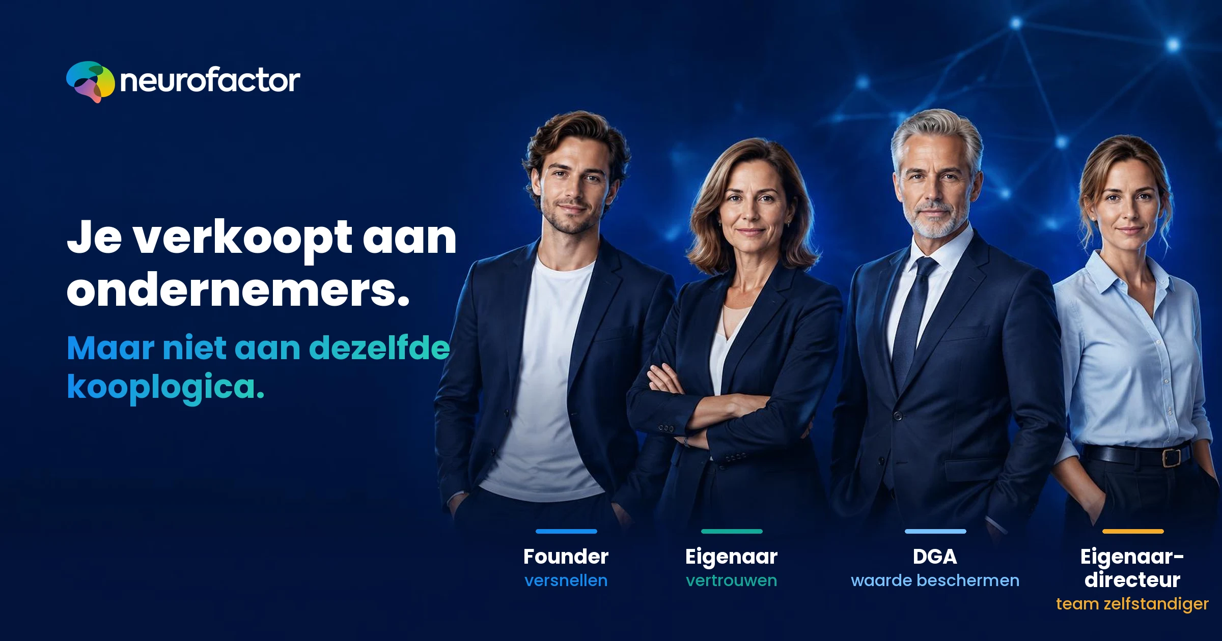 Vier ondernemersprofielen - founder, eigenaar, DGA en eigenaar-directeur - met verschillende accenten in groeikans, vertrouwen, risicobeheersing en zelfstandigheid van het bedrijf.