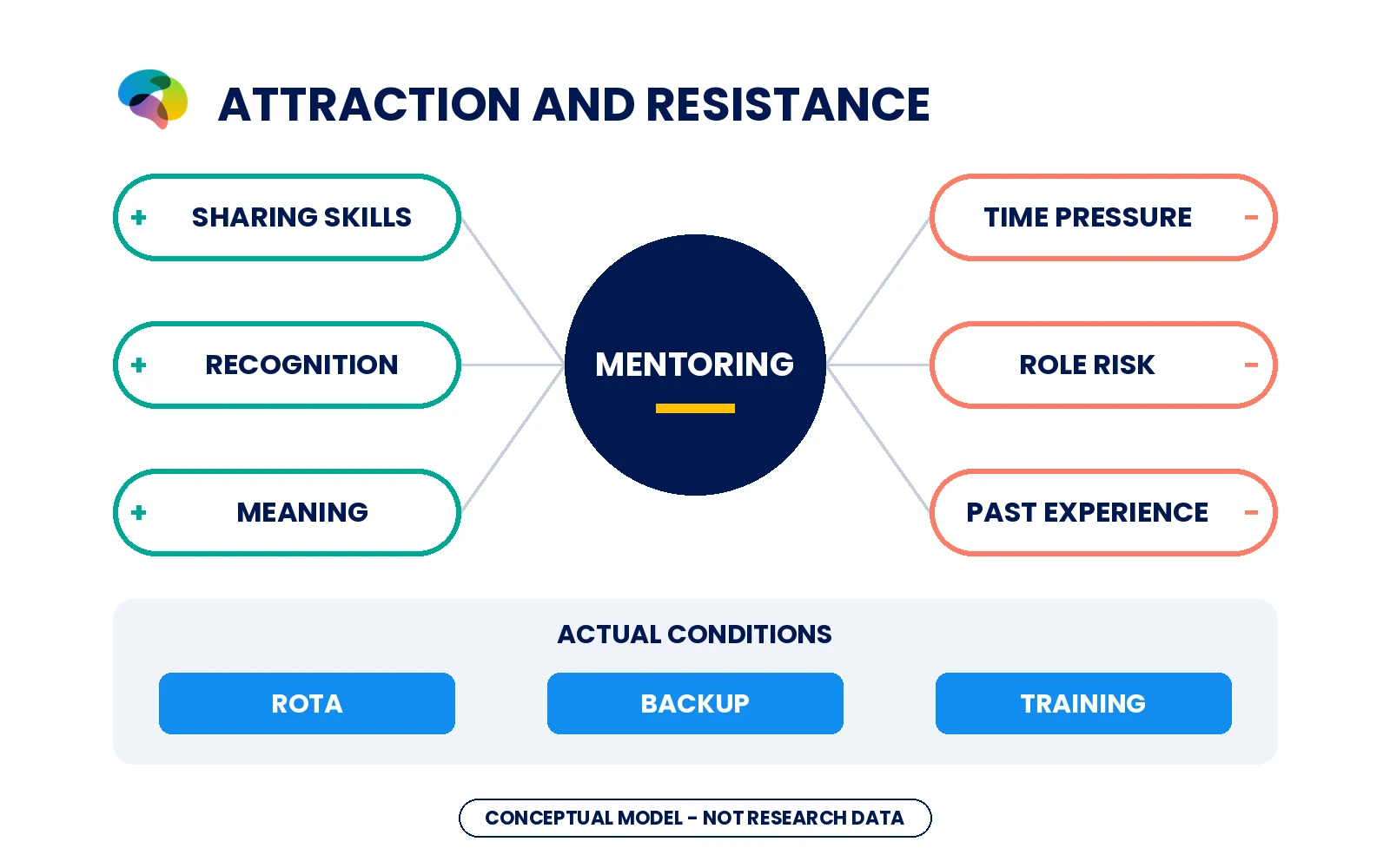 A conceptual model of positive and negative mentoring associations, separate from actual workplace conditions.