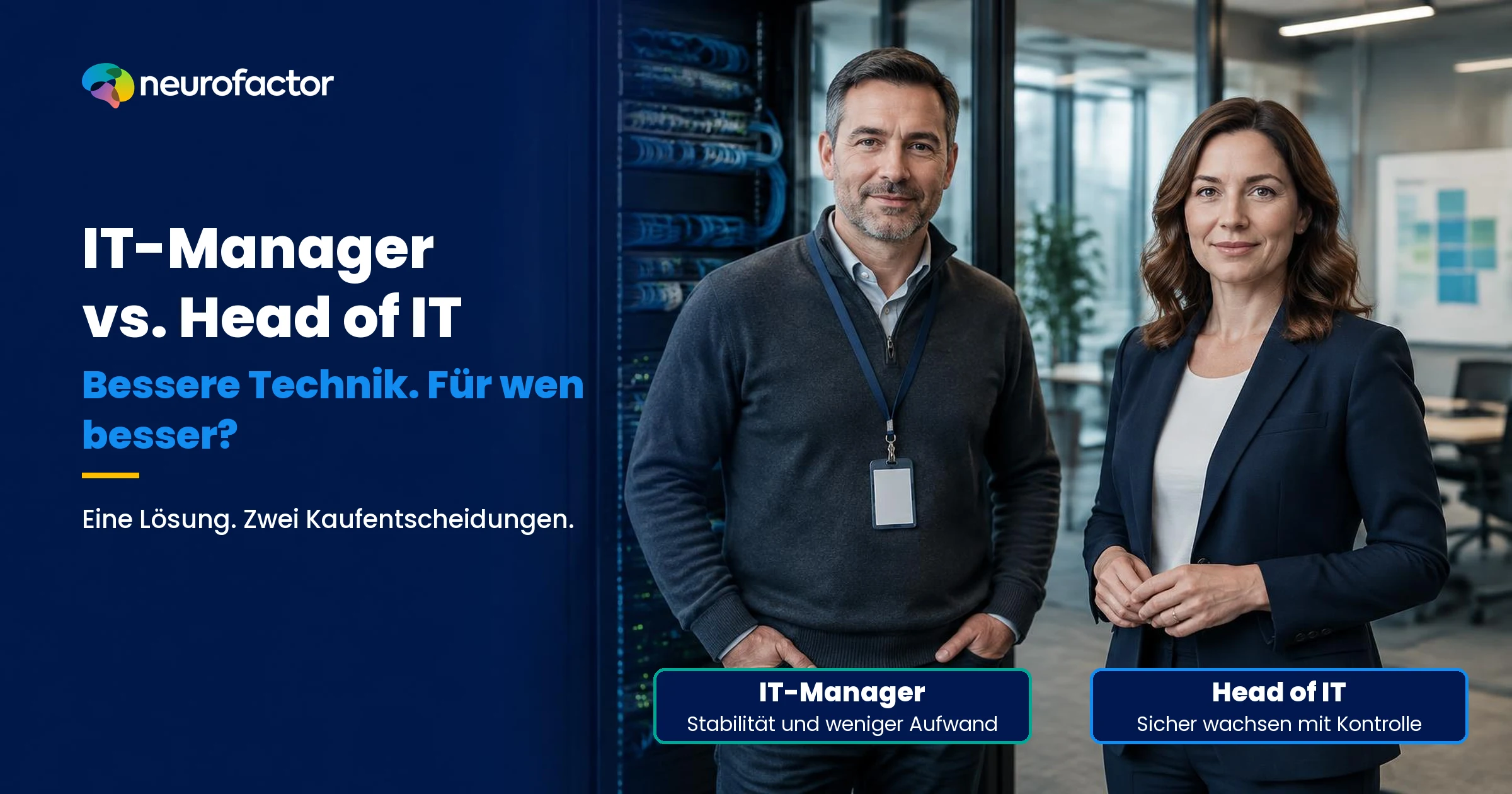 Gegenüberstellung IT-Manager und Head of IT: dieselbe IT-Verwaltungstechnik als Risiko für Betriebsaufwand oder als Grundlage für sicheres Wachstum.