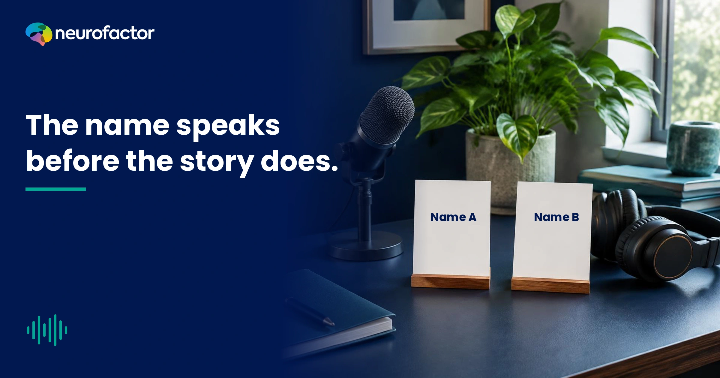 Neutral name cards, headphones and microphone in a fictional brand naming research setting.