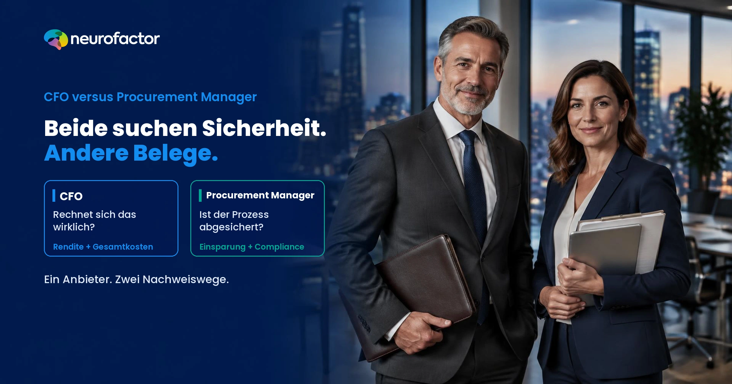 CFO und Procurement Manager prüfen dasselbe Lieferantenangebot: finanzielle Rendite versus Prozesssicherheit.