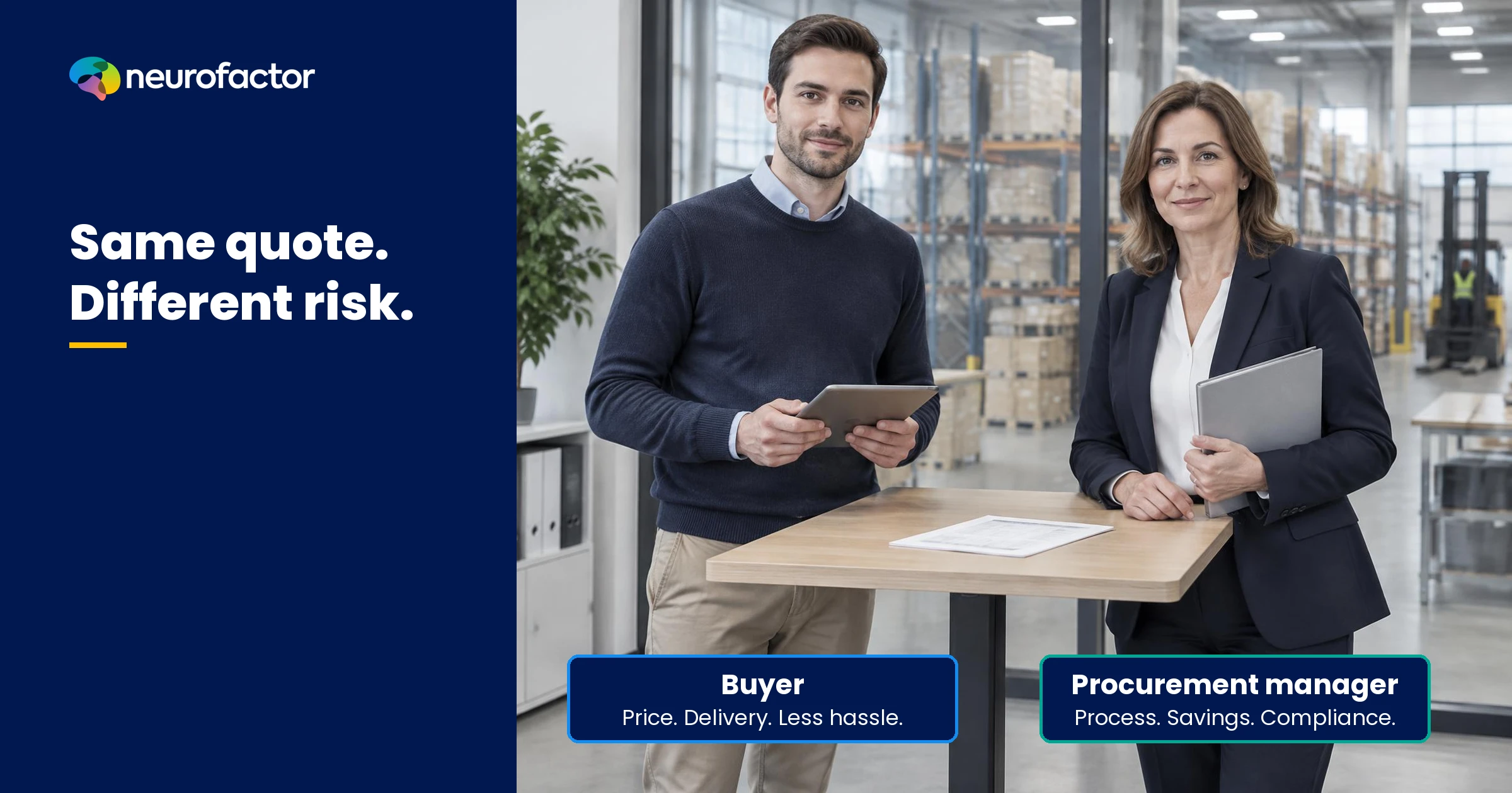 Buyer and procurement manager review the same supplier proposal: price, delivery and speed on one side; process, savings and compliance on the other.
