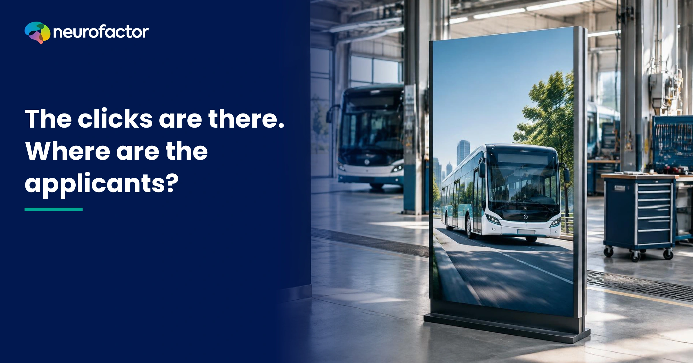 Fictional electric mobility recruitment campaign on a display in a maintenance depot.