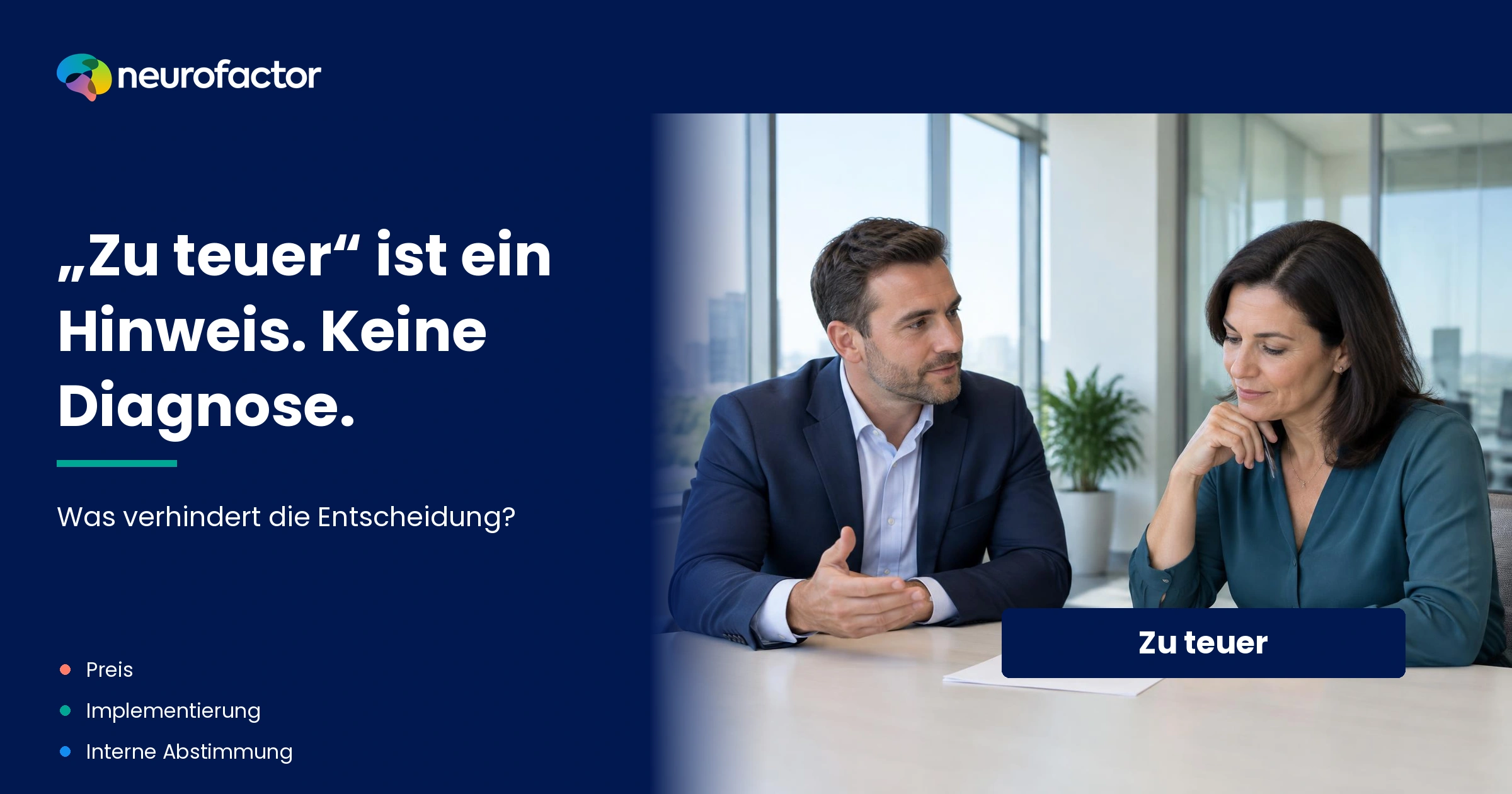 Geschäftsgespräch über ein Angebot, bei dem ein genannter Preiseinwand von weiteren zu prüfenden Entscheidungsfaktoren getrennt wird.