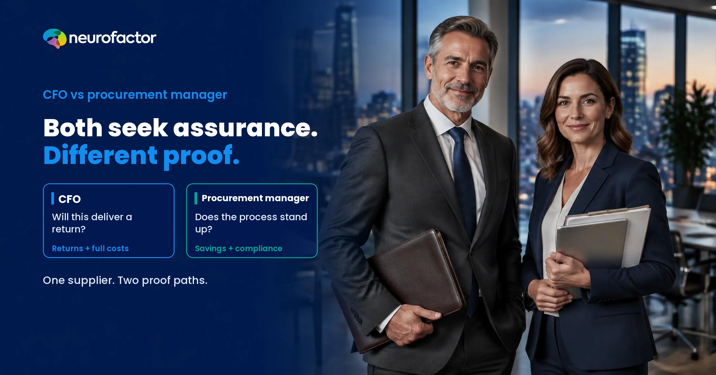 CFO and procurement manager assess the same supplier offer: financial return versus procurement assurance.