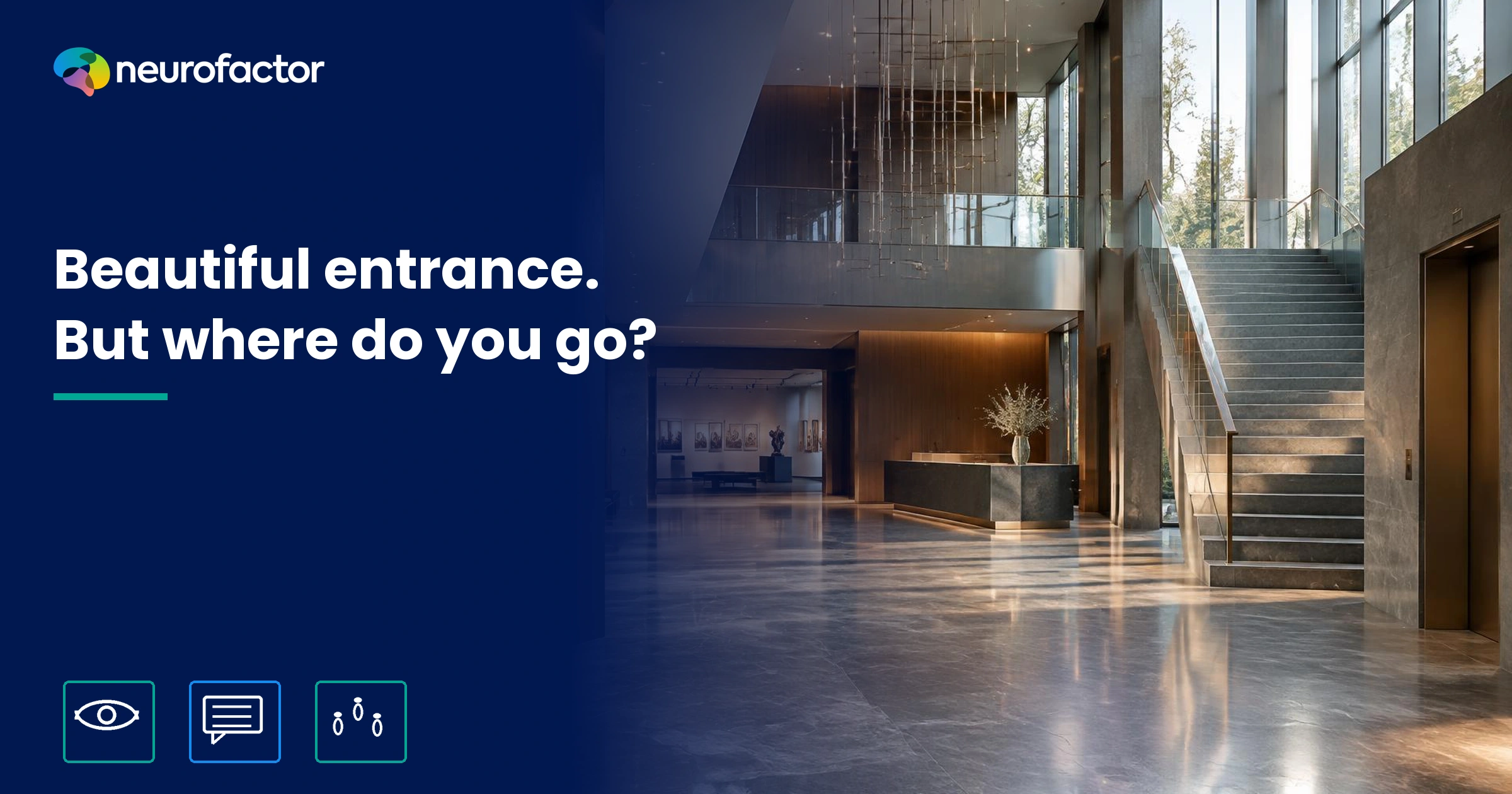 Fictional cultural venue entrance with glass doors, reception, stairs and lift.