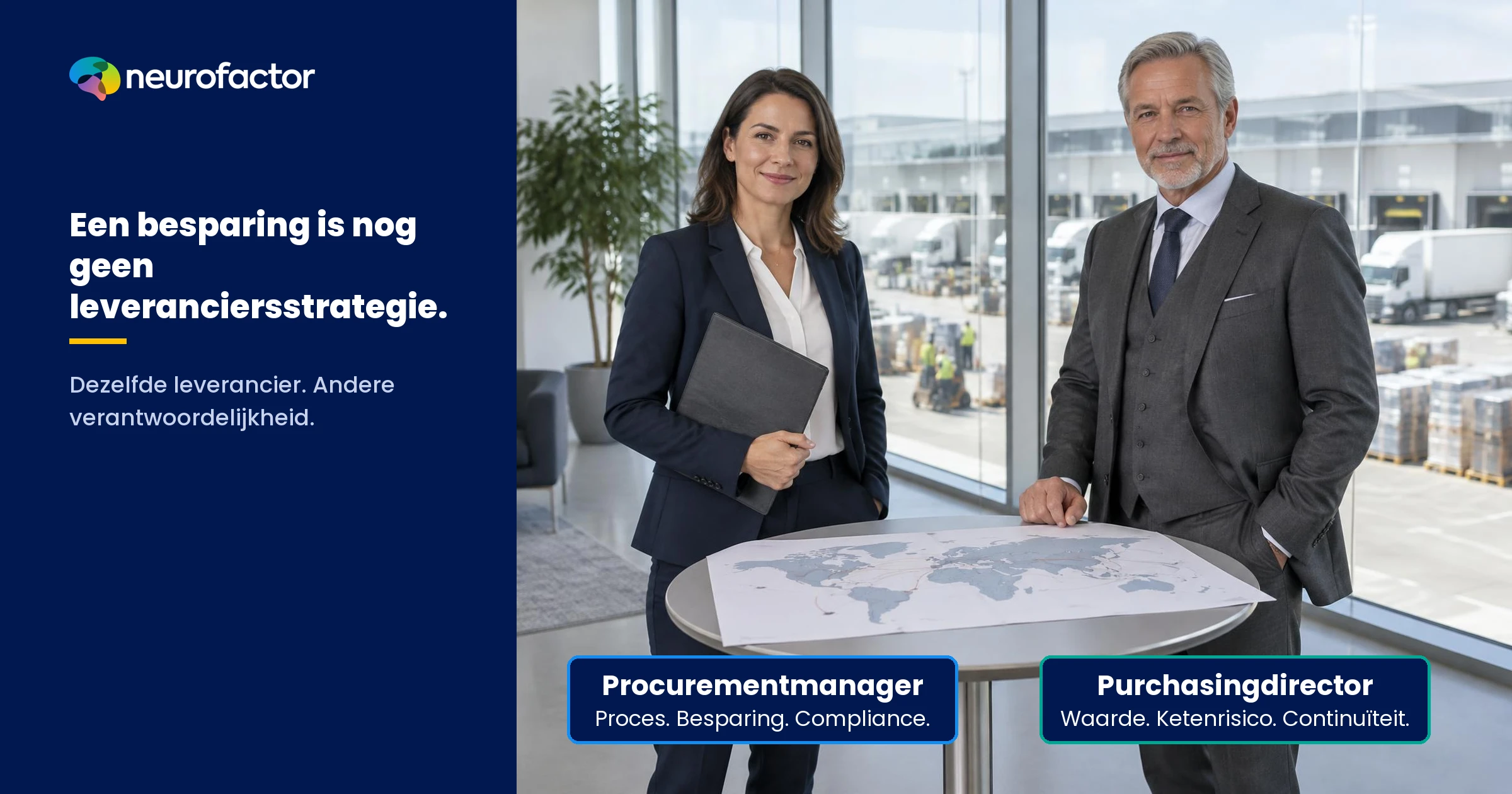 Procurementmanager en purchasingdirector toetsen dezelfde leverancierspropositie aan proces, besparing en compliance tegenover ketencontinuïteit, strategische waarde en reputatie.