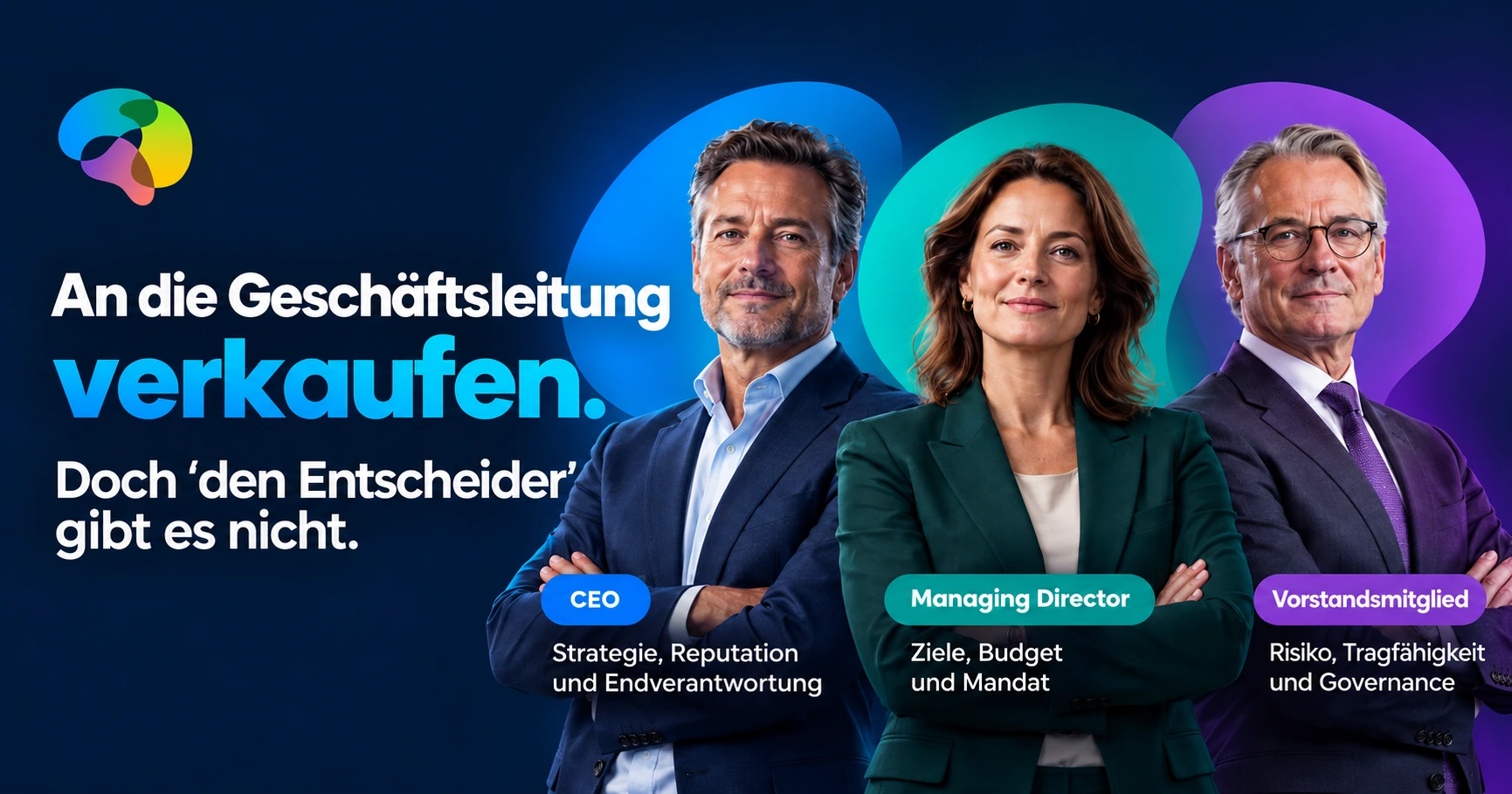 CEO, Managing Director und Vorstandsmitglied nebeneinander mit unterschiedlichem Fokus auf Strategie, Ziele und Governance-Risiko.