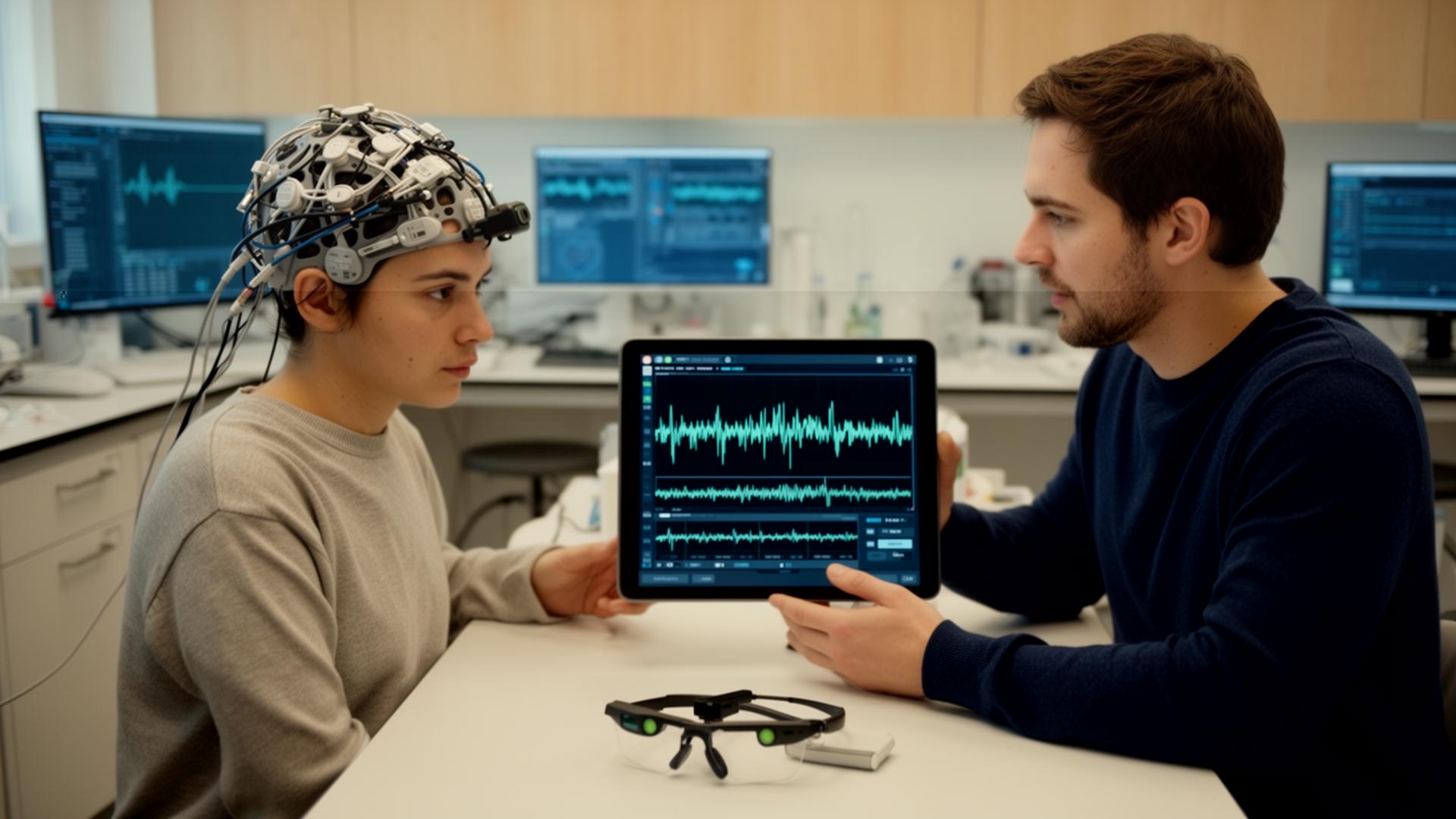 Researcher reviewing live EEG signals with a participant